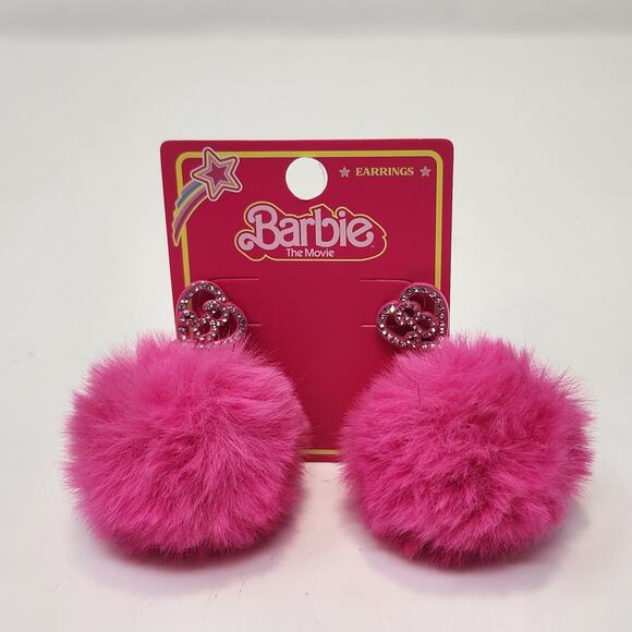 Barbie The Movie Pink Puff Ball Crystal Heart Post Earrings Bling Glam New - Picture 3 of 4